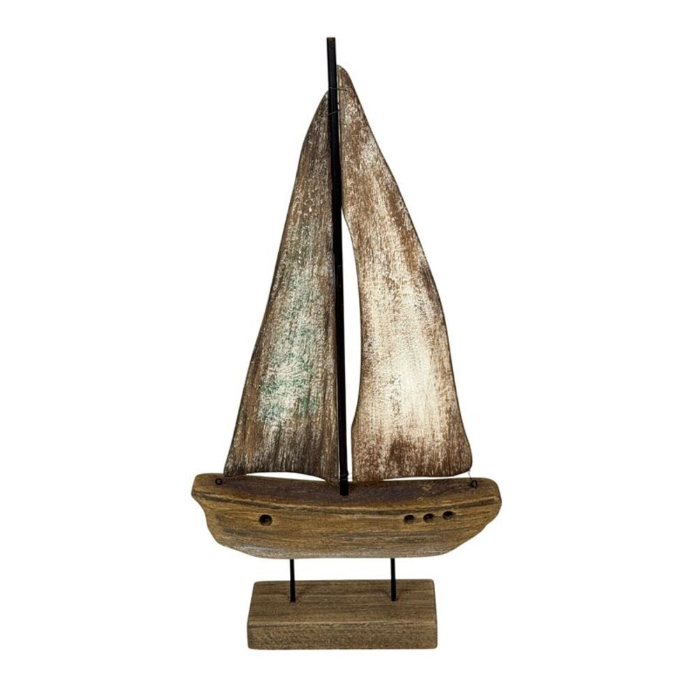 Weathered Wood Sailboat Sculpture 22 Inch Nautical Coastal Tabletop Decor